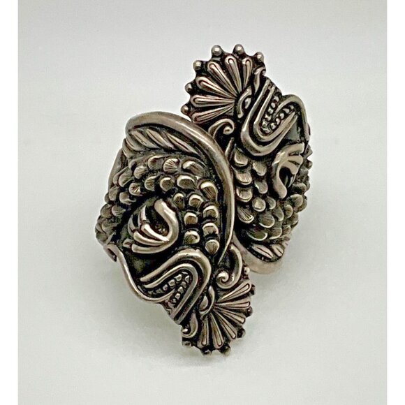 Taxco Sterling Silver Hinged Clamper Cuff Bracelet Quetzalcoatl Dragon Repousse - Picture 2 of 8